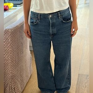 Agolde women’s blue baggy low rise jeans.